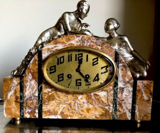 Antique French Art Deco Figural Clock With Red Marble And Statues