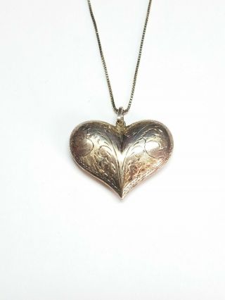 Vintage 925 Sterling Silver Etched Puffy Heart Pendant
