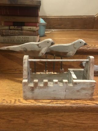 Vintage Folk Art 5 Birds Hand Carved In A Wood Tool Box Caddy One Of A Kind