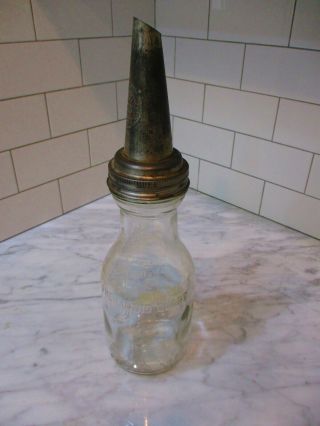 Vintage Automotive Motor Oil Bottle Glass 1920s Master Mfg.  Co Metal Spout