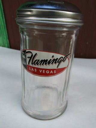 Vtg Las Vegas.  Flamingo Hotel Ribbed Glass Sugar Dispenser With Flip Lid Rear
