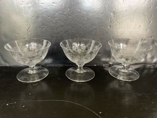 Vintage Set Of 3 Delicate Etched Crystal Sherbet Glasses Grape Vine Pattern