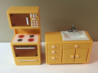 Vintage Fisher - Price Dollhouse Furniture Kitchen Sink & Stove Microwave 1985