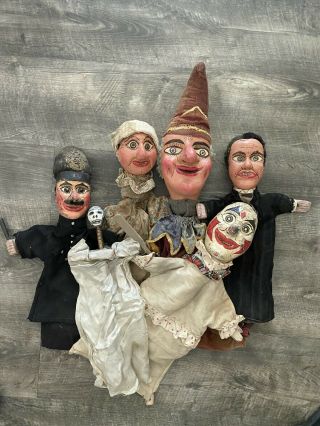 6 Antique Primitive Wooden Punch & Judy Character Puppets In Paint Aafa