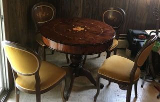 French Floral Inlaid Solid Wood Gaming Game Table Set W/ 4 Chairs Vintage