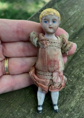 Antique German Miniature Bisque Doll German? Textured Hair Painted Jointed Legs