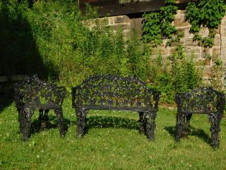 Antique Early 20c Victorian Cast Aluminum Grapevine Garden Bench Seat 3pc Set