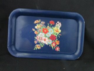 Vintage Metal Tole Type Tray Small Lap Tray Blue With Flowers