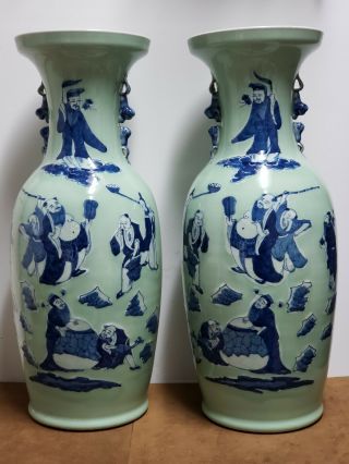 A Pair Chinese Large Porcelain Blue And White Vase - The Eight Immortals