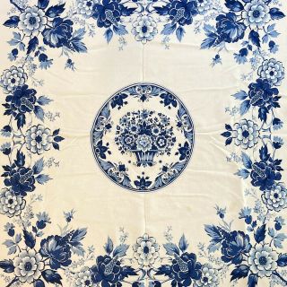 Vtg Floral Tablecloth Blue White Cotton Royal Delftware De Porcelyne Fles 44x46