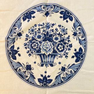 Vtg Floral Tablecloth Blue White Cotton Royal Delftware De Porcelyne Fles 44x46 3