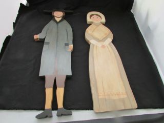 Vintage Americana 21 " Wooden Diecut Wall Hangings Amish Man & Woman Pair Vgc