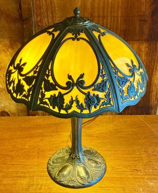 Antique E Miller Lamp Art Nouveau Crafts Caramel Curved Slag Glass Lamp Signed
