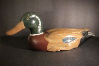 Vintage Hand Painted Wood Duck Decoy Glass Eyes 14 " Long
