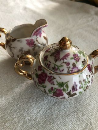 Vintage Pink & White Floral Cream And Sugar Set Porcelain W/ Gold Gilt Service