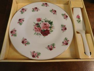 Vintage Baum Bros Formalities Pink & Red Rose Cake Plate And Server