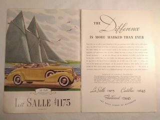 1936 Cadillac Lasalle Convertible Coupe Yellow Orig Vintage Car Ad Sailboat Art