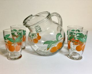 Vintage Anchor Hocking Round Glass Orange Juice Pitcher With 4 Juice Glasses