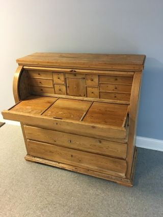 Antique Solid Pine Roll Top Wood Desk Secretary Vintage European Large Rustic