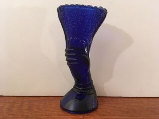 Vintage Hand Holding Cobalt Blue Glass Flower Vase 7 "