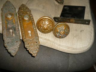 Antique Ornate Brass Door Knob Set Back Plates Vintage Locks R H Co.