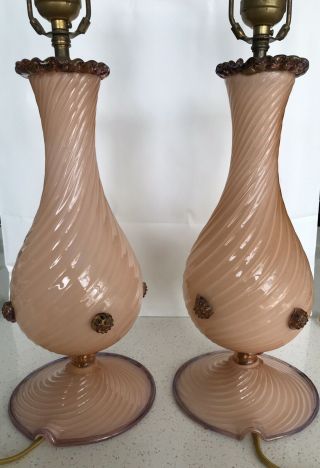 Pair Vintage Antique Italian Art Glass Lamp Peach Pink Murano Barovier & Toso