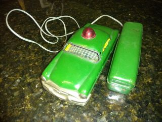 Vintage 1950s Battery Operated Police Tin Metal Car Toy With Remote By Line Mar