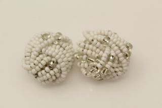 Vintage Silvertone White & Clear Glass Seed Bead Cluster Clip On Earrings L