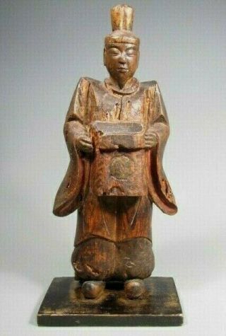 Japan Japanese Wood Carved & Lacquer Statue Of A Shinto Priest Ca.  18 - 19th C.