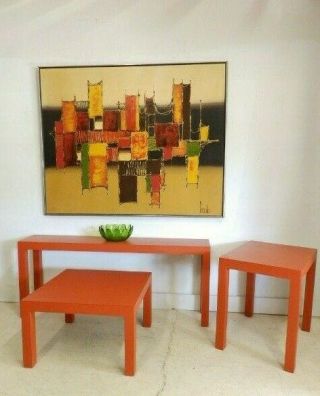 Set 1970s Vintage Mid Century Modern Parsons Coffee Sofa End Tables Red/orange