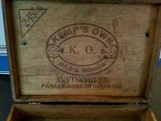 Vintage KEMP ' S K.  O,  Wood Cigar Box MiLd mellow PARKER GORDON RARE 3