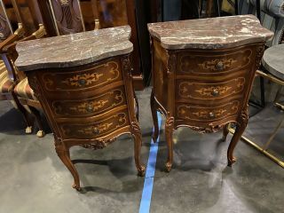 Pr French Style Marble Satinwood & Mahogany Inlaid End Tables Commode Nightstand
