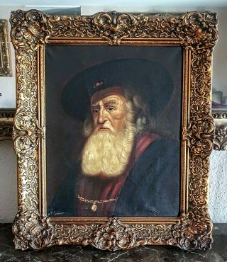 Antique Dutch Oil Painting O/c Portrait Of A Old Bearded Man Rabbi Signed Framed