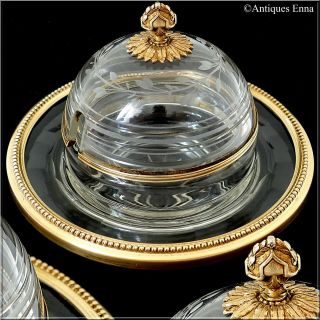 Rare French Sterling Silver 18k Gold Engraved Crystal Caviar Pot,  Empire