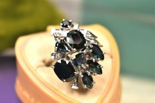 Estate Antique Art Deco Natural Sapphire Diamond Palladium Ring Sz 7.  75