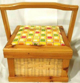 Vintage Wicker Rattan Wood Sewing Basket Box W/handle Pin Cushion Top
