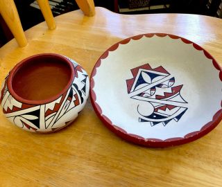 2 Pc Vintage Jemez Pottery Bowl Plate & Pot Signed Aloretto Jemez Pueblo Nm