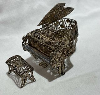 Vintage Silver Filigree Miniature Doll House Furniture Piano With Bench