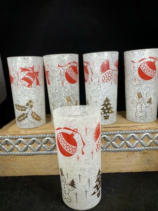 Vintage Mid Century Frosted Snow Christmas Bar Glasses Red Gold & White Set Of 5