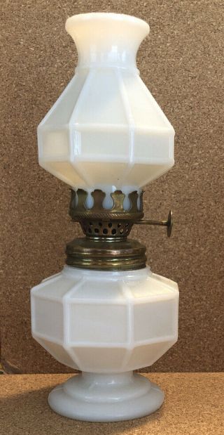 Miniature Vintage Milk Glass Oil Lamp With Matching Shade 6 - 3/8” Tall