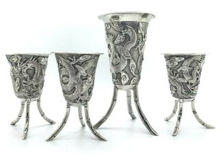 Antique Chinese Export Silver Dragon Cups On Bamboo Legs