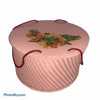 Vintage Princess Wicker Pink Round Hat Box Style Sewing Basket Box W/ Decals