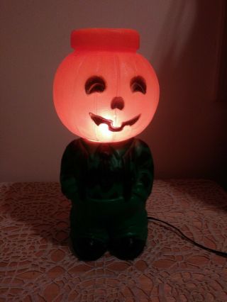 Vintage Light Up Pumpkin Head 13 " Blow Mold W/ Green Suit Body Standing