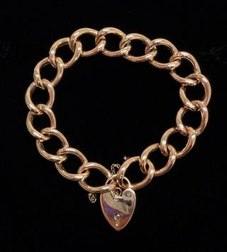 Antique C.  1900 Curb Bracelet 9ct Rose Gold - Heart Padlock - Length 8in - 18.  1g