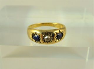 An Antique Quality 18ct Gold 3 Stone Diamond And Sapphire Gypsy Ring