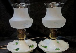 Set Of 2 Vintage Torch Style Lamps - White Porcelain Bases,  Frosted Glass Shades