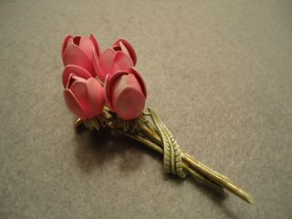 Vintage Signed Coro Pink Green Enamel 3 - Dimensional Stem Flower Brooch Pin