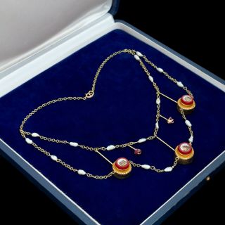 Antique Vintage Nouveau 18k Gold Onyx Pietra Dura Micro Mosaic Festoon Necklace