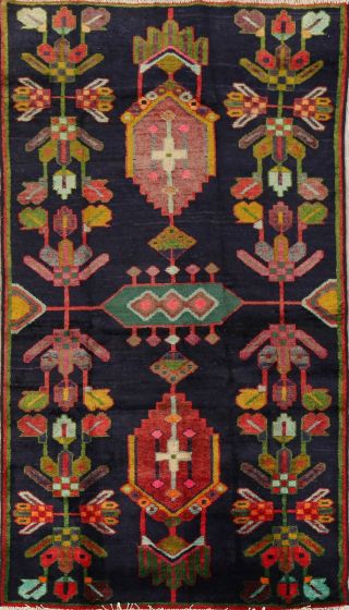 Vintage Geometric Lori Hand - Knotted Area Rug Navy Blue Wool Oriental Carpet 4x8