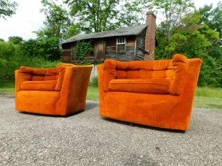 2 1970s Orange Swivel Mid Century Modern Coggin Baughmann Style Lounge Chairs